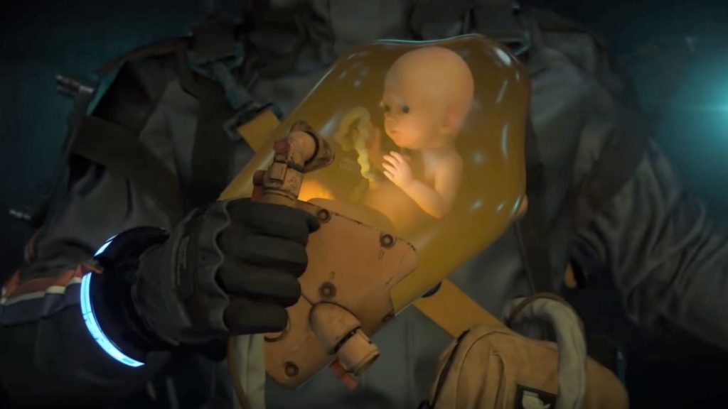 Death Stranding: Norman Reedus holding onto bridge baby inside protective pod