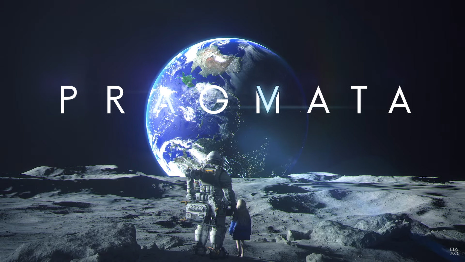 Pragmata logo on scene of both characters standing on moon looking at earth