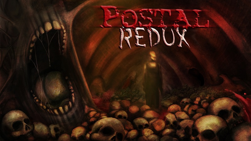 image showing postal redux logo and a large mouth screaming over some skulls.