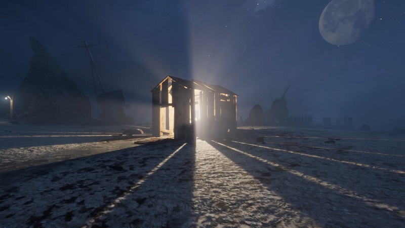 in sound mind exterior screenshot showing an old shed with light shining out of it at night