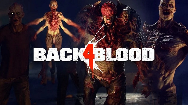 Back 4 Blood logo with zombies behind it.