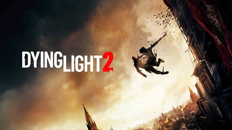 Artwork showing the Dying Light 2 logo and two people leaping off a building