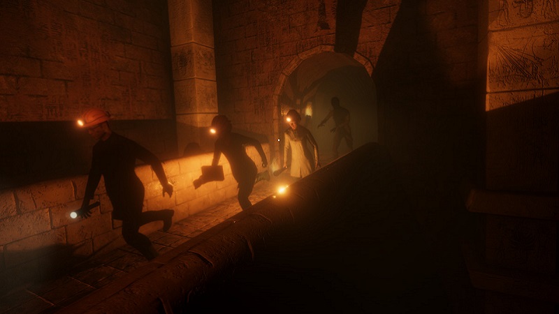 Screenshot from Forewarned showing people running out of a tomb.