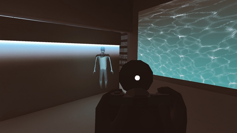 Screenshot from Axis Mundi which shows the player hoding the camera as a ghost hovers nearby.