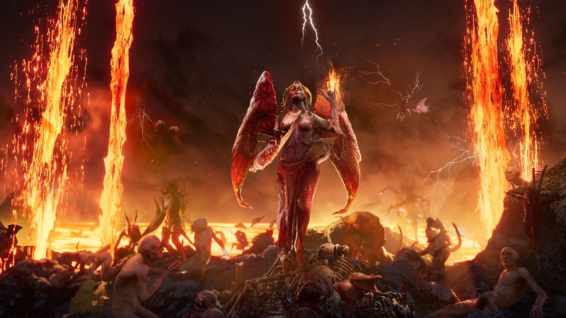 Screenshot from Succubus showing a naked demonic woman surrounded by naked slaves.