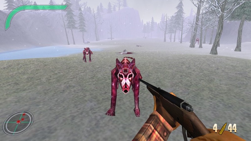 Screenshot from Utkena 64 showing the player about to shoot a demonic dog.
