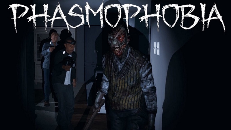 Screenshot from Phasmophobia showing a ghost in front of several ghost hunters.