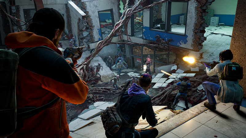 Screenshot from Back 4 Blood PC version showing the Cleaners firing at a horde of the RIdden.