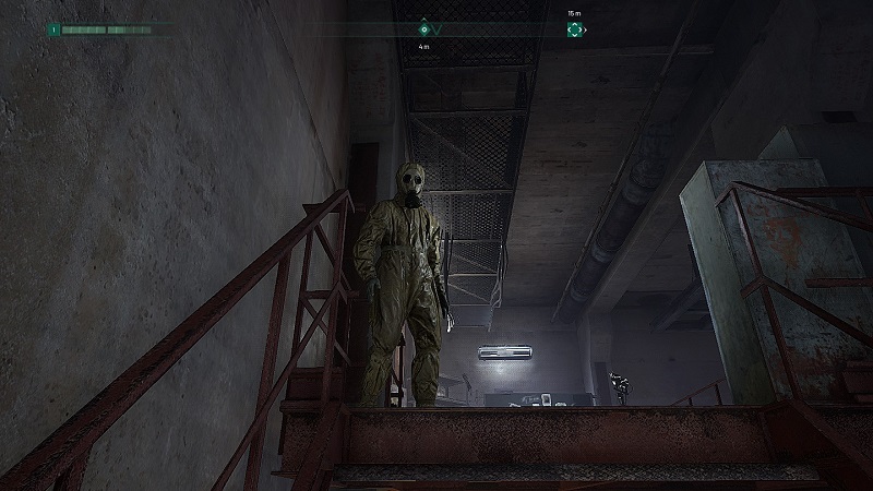 Screenshot from Chernobylite showing a character in full radiation suit.