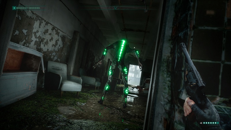 Screenshot from Chernobylite showing the player crouching behind a stalking monster.