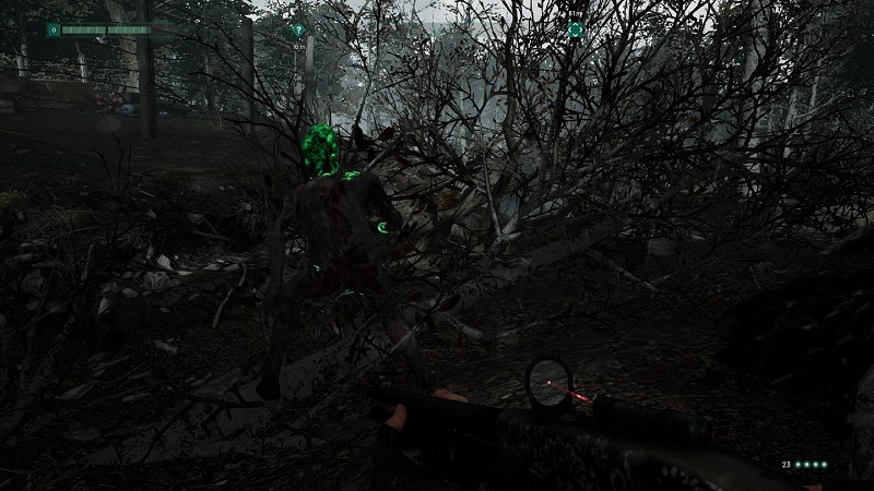 Screenshot from Chernobylite showing a green-headed monster with its back to the player.