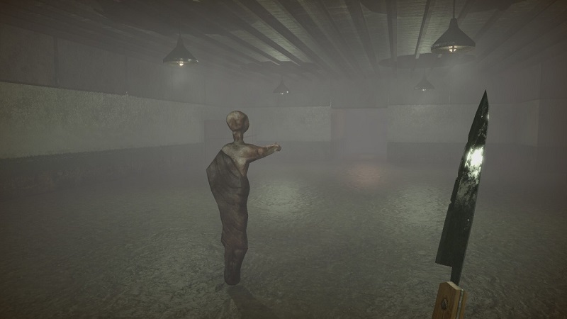 Screenshot from Lost in Vivo showing the player holding a knife as a creepy figure points off in one direction.