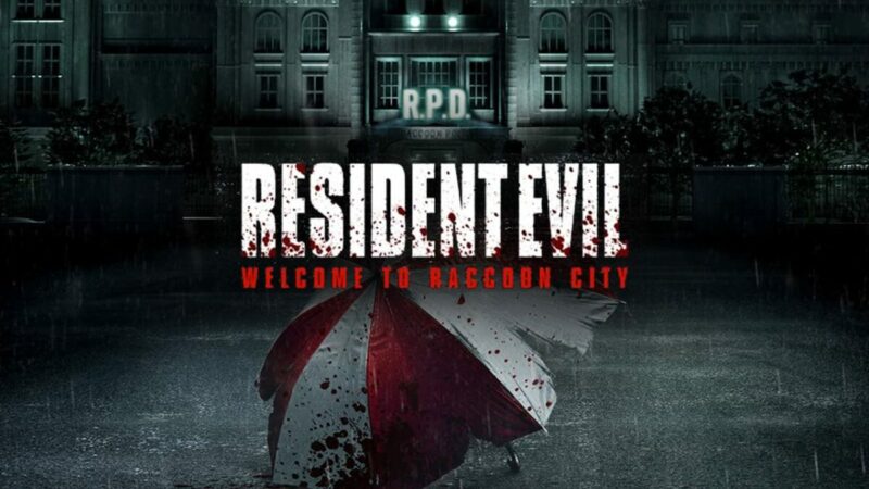Resident Evil: Welcome to Raccoon City logo with an umbrella underneath.