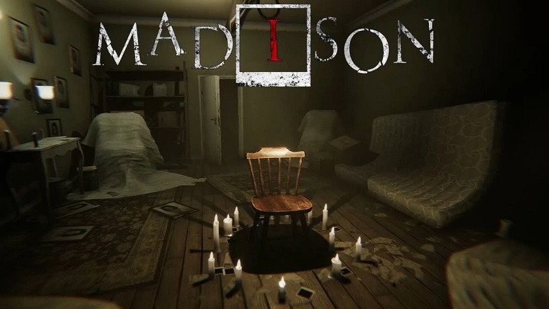 Image from MADiSON showing the game;s logo and a chair in a room surrounded by lit candles.