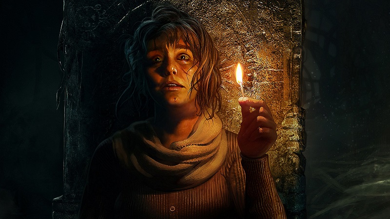 Image from Amnesia: Rebirth showing Tasi holding a lit match.