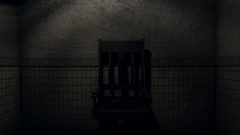 Image from Phasmophobia showing a chair in a very dark room.