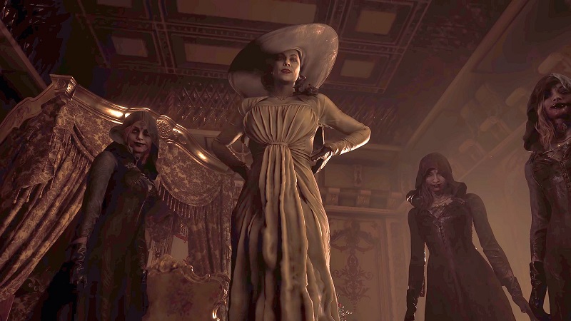 Image from Resident Evil VIllage showinf Lady Dimitrescu and her sisters.