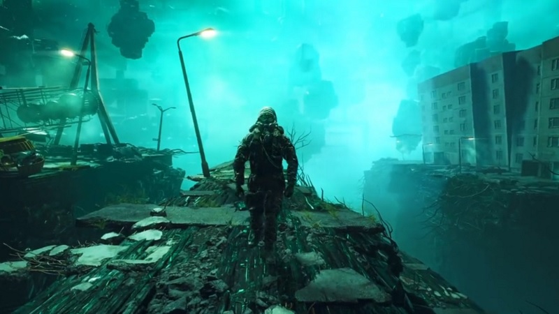 Screenshot from the Chernobylite Season 2 Red Trees DLC showing someone appraoching the player in a green glowing world.