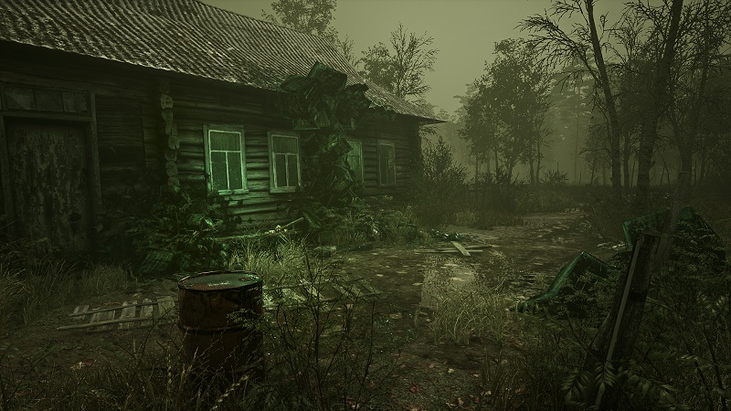 Image from Chernobylite showing the titular Chernobylite growing on a wooden building.