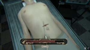 Image from Mortuary Assistant showing a trocar going into a cadaver's abdomen.