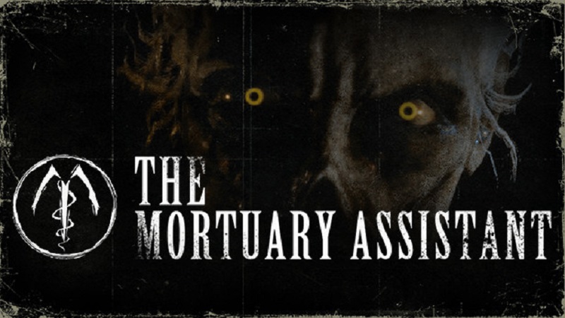 The Mortuary Assistant logo with creepy eyes in te background.