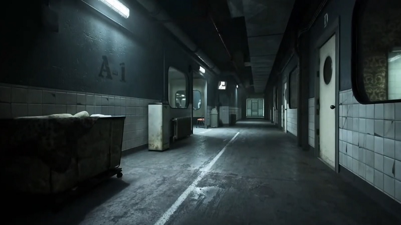 Screenshot from the Outlast Trials trailer showing a lengthy corridor.