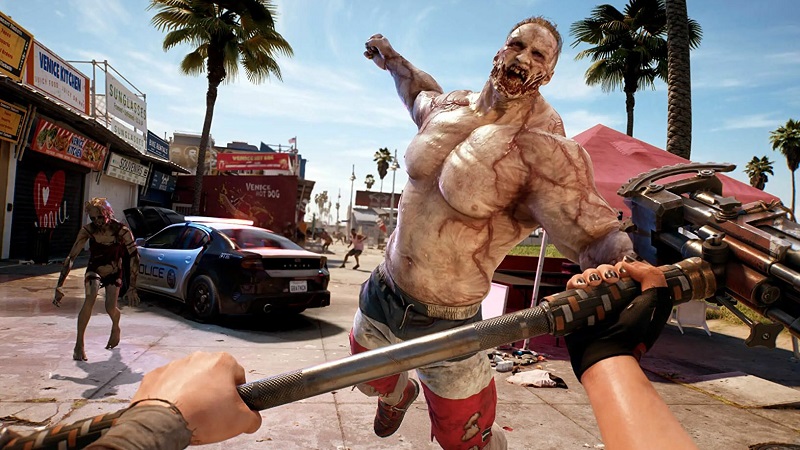 Image from Dead Island 2 showing a muscular zombie leaping at the player.