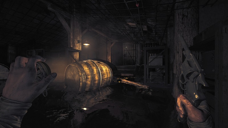 Amnesia: The Bunker - hand holding a pistol.