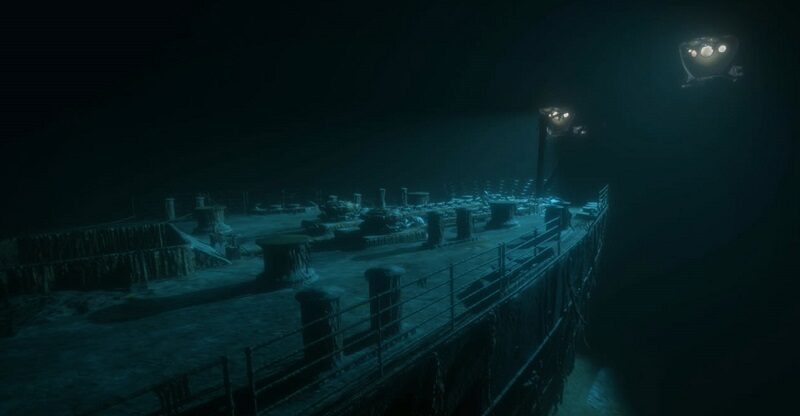 The Titanic liner at the bottom of the dark ocean.