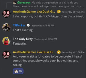 Discord chat showing Dusk Golem answering a question about Silent Hill 2 Remake's size