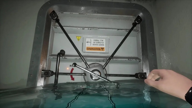 Underwater vessel with a locked door in front of the protagonist.