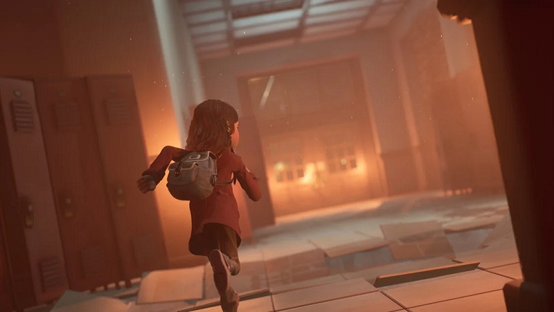 Gylt: Girl running through a school bathed in orange light.