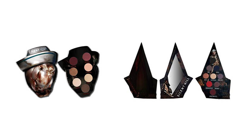 Image of two makeup sets, one looks like the head of a silent hill nurse and the other has the shape of pyramid head,