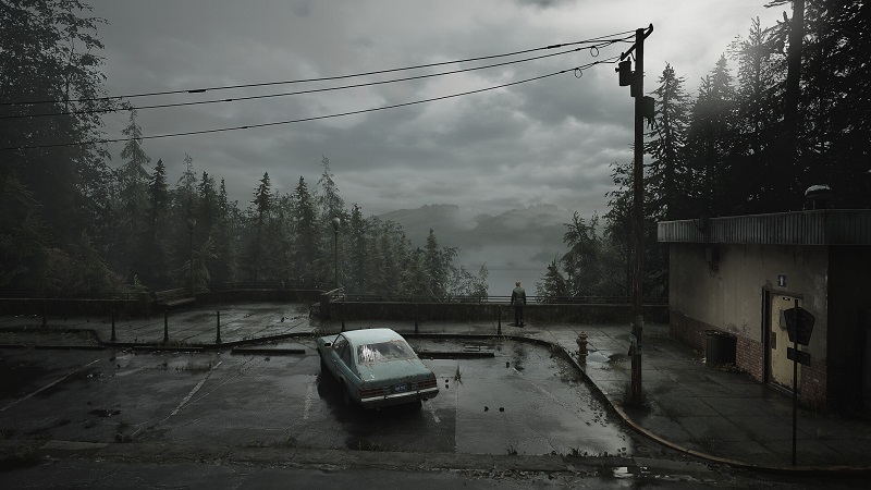 Silent Hill 2: James Sunderland's car parked in the titular, foggy town.