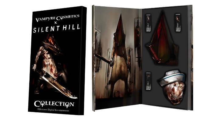 Image of a possible mockup of a box, once showing Vamypre x Silent Hill Collection written white font on black background with pyramid head in the center. On the right hand side it shows the open box with pyramid head on the left part and the included lipsticks and make up sets on the right side.