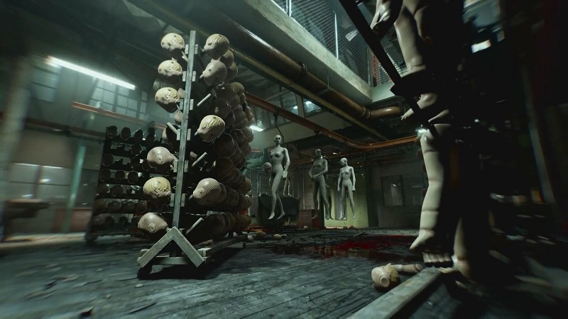 Outlast Trials: a creepy room with mannequin heads and full dolls.