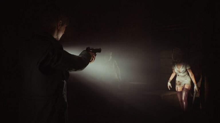 Silent Hill 2 remake: James Sunderland about to fire a gun at an approaching nurse.