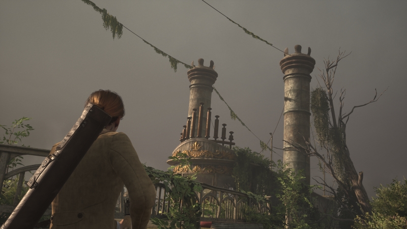 Alone In The Dark: Emily looking up at two smoke towers on a shipwrecked boat.