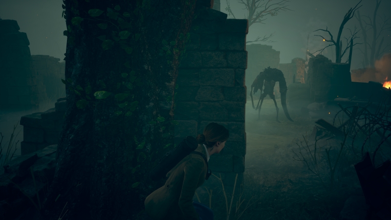 Alone In The Dark: Emily crouching behind a wall as a monster stalks the area.