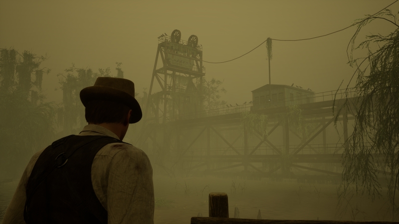 Alone In The Dark: Edward in a foggy area that looks like a railway bridge.