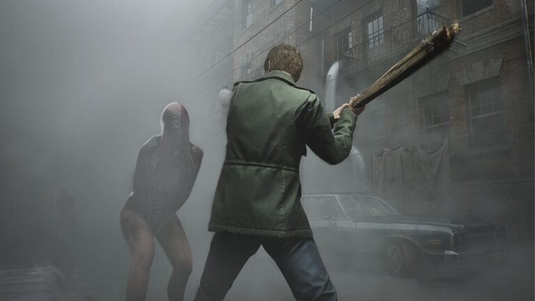 Silent Hill 2 remake: James Sunderland about to hit a monster with a bat.
