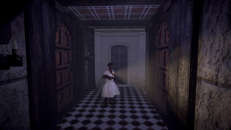 The Glass Staircase: a young woman shines a flashlight down a dark corridor.