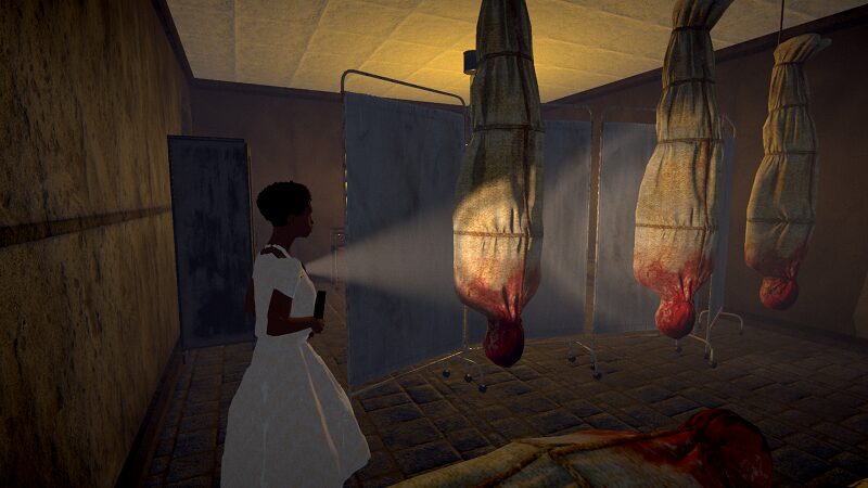 The Glass Staircase: a young woman shines a light on some upside down, bloody corpses.