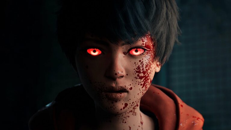 Bokeh Game Studio: a young person stares at the camera with glowing red eyes and blood on their face.