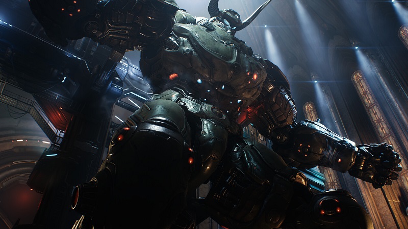 Doom The Dark Ages: a giant Doomguy-style robot towers over everything.