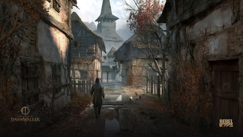 The Blood of Dawnwalker: A medieval-looking character strolls through a quiet and dilapidated village.
