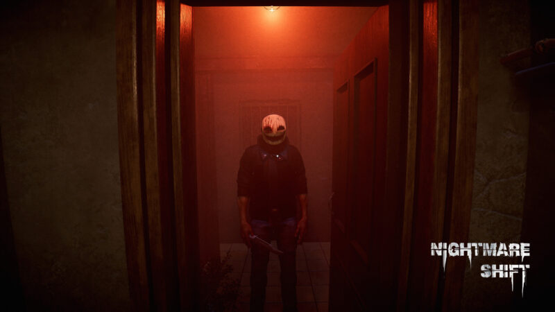 Nightmare Shift: a creepy man in a mask holds a knife as he stands in a red doorway.