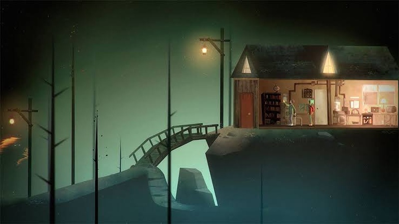 Night School Studio: a screenshot showing a bridge leading into a small hut with two people standing inside.
