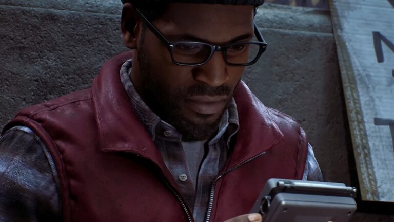 Silent Hill Townfall: a man with glasses stares intently down at his phone.