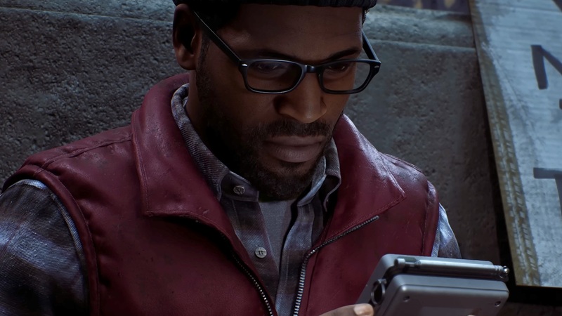 Silent Hill Townfall: a man with glasses stares intently down at his phone.